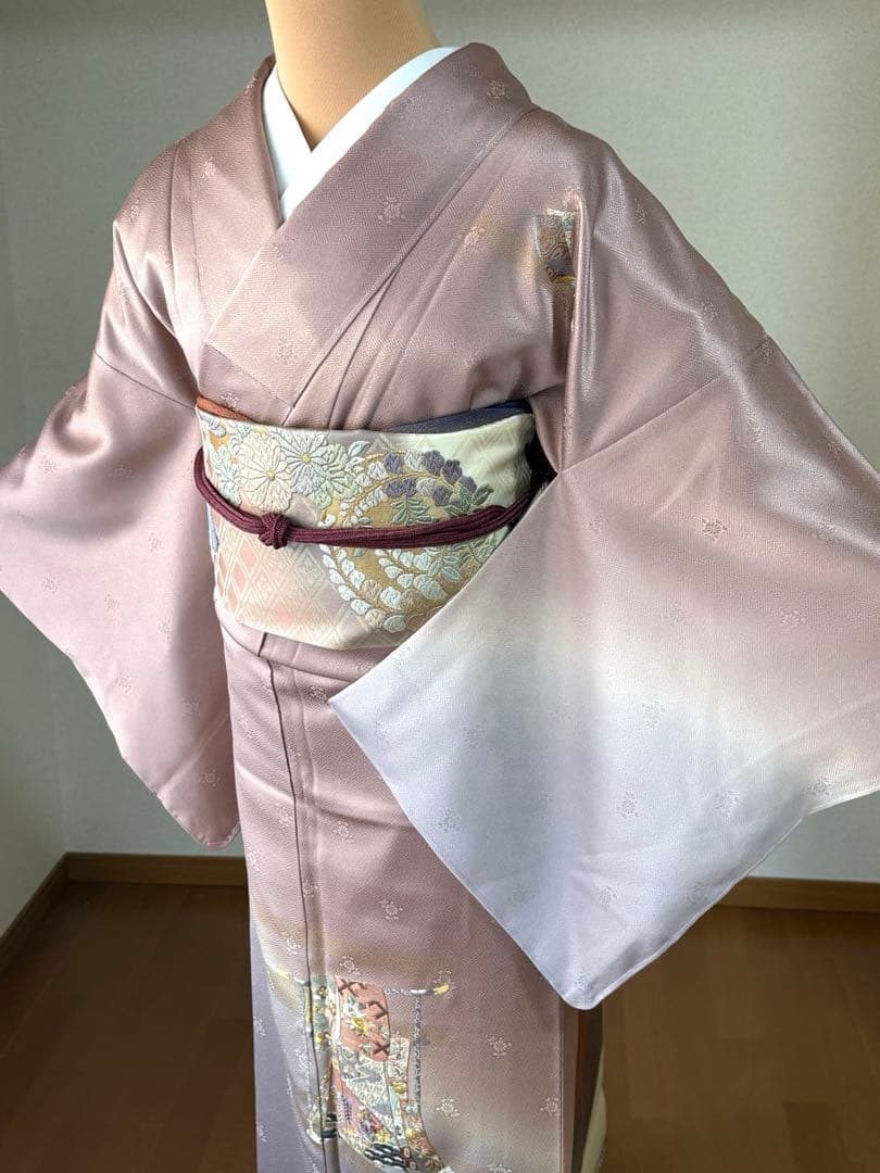 4点フルセット　正絹訪問着　袋帯　帯揚げ　帯締め　未使用品