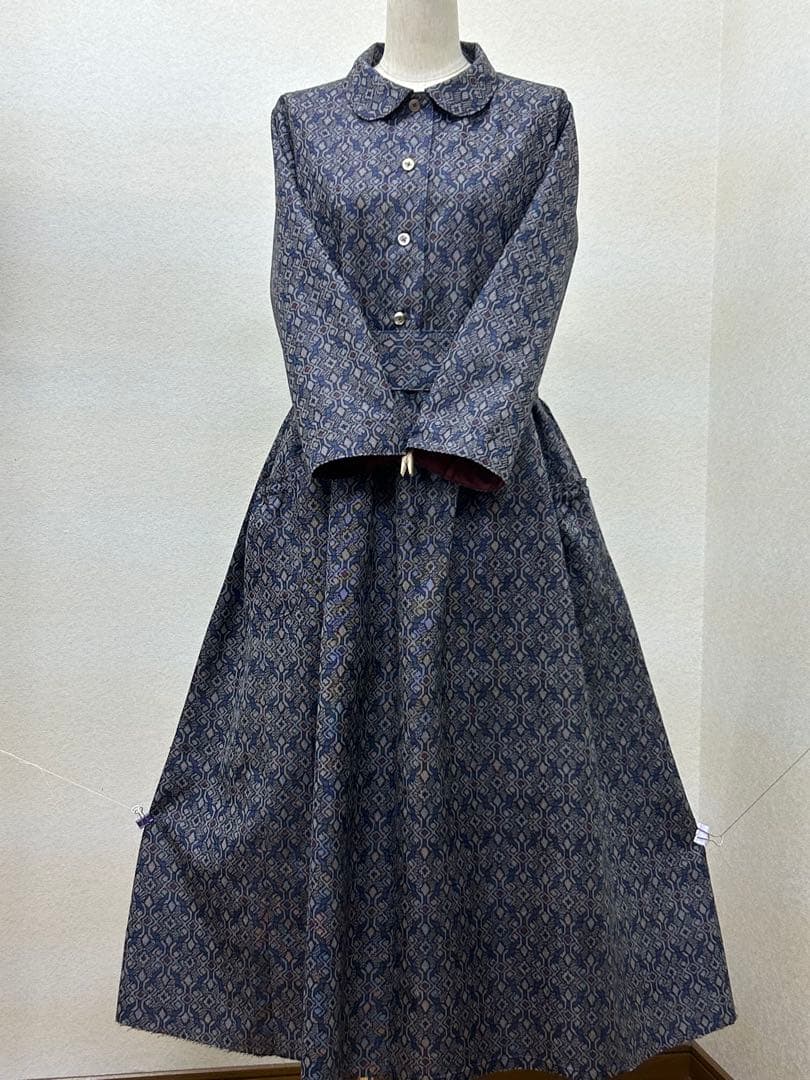 着物リメイク　紬ワンピース　前ボタン　 Lサイズ