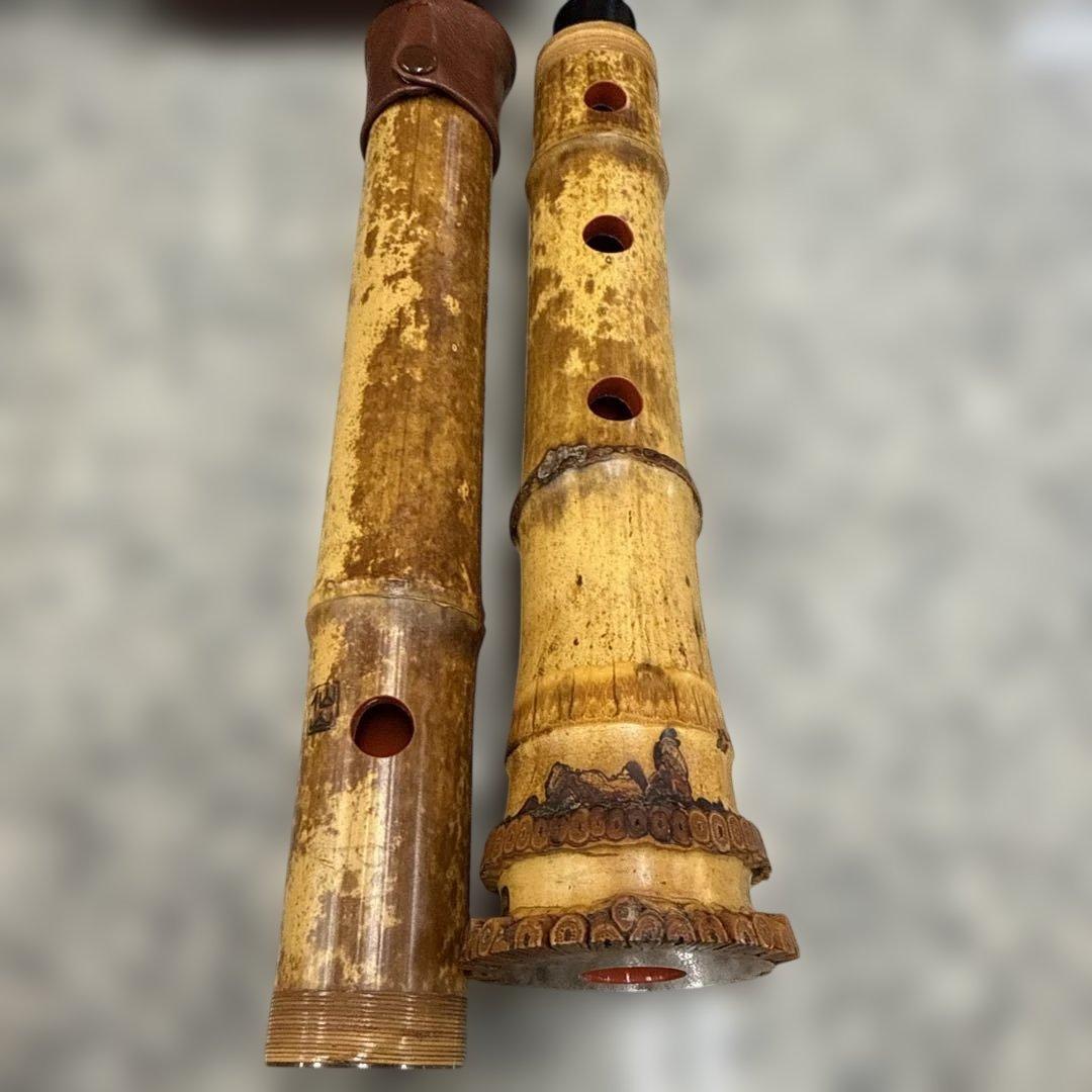 う*き様 尺八本体 竹製 5穴 彫刻あり 和楽器 仙山 取り外し 小物 格安