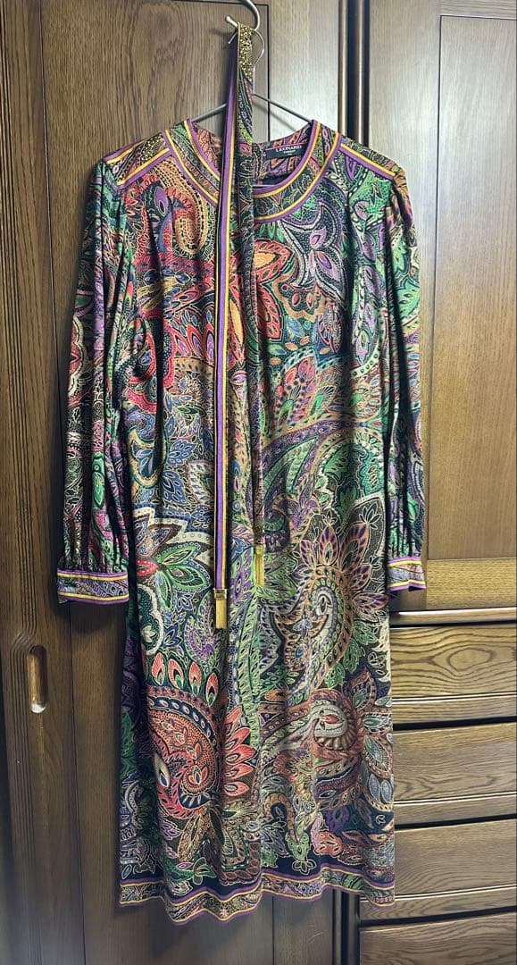 LEONARD ペイズリー柄 長袖 ロングワンピース ベルト付