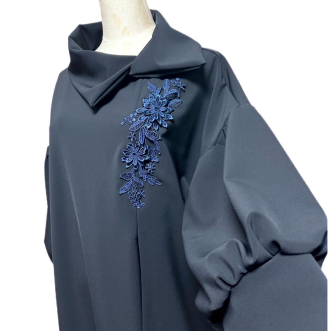 振袖　着物リメイク　ドレス　濃紺×金彩梅や菊　和柄　ワンピース　ハンドメイド