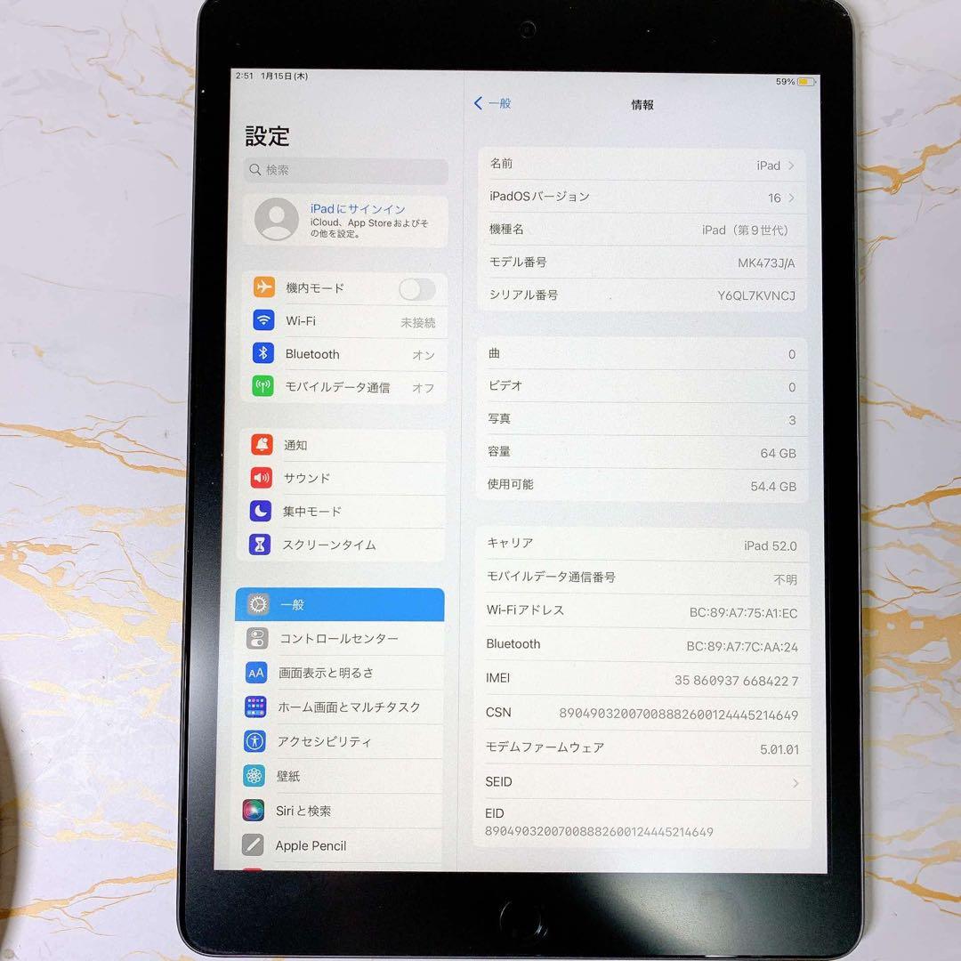 美品iPad 第9世代セルラー 64GB BT98%