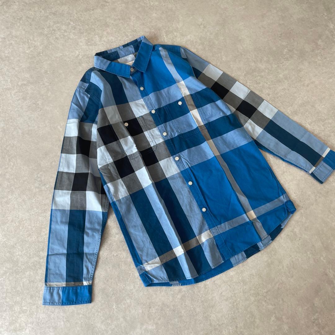 極美品BURBERRY children 14Y 164cm チェックシャツ青