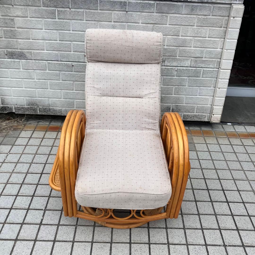昭和レトロ 回転式ラタンリクライニングチェア アームチェア ヴィンテージ 籐家具