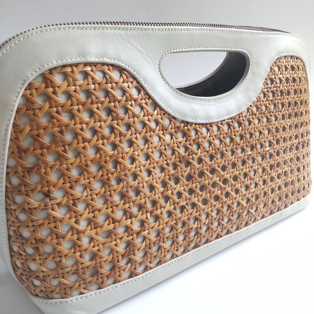 美品ペリーコ ANELLI CEST ラフィア レザー ハンドバッグ アイボリー