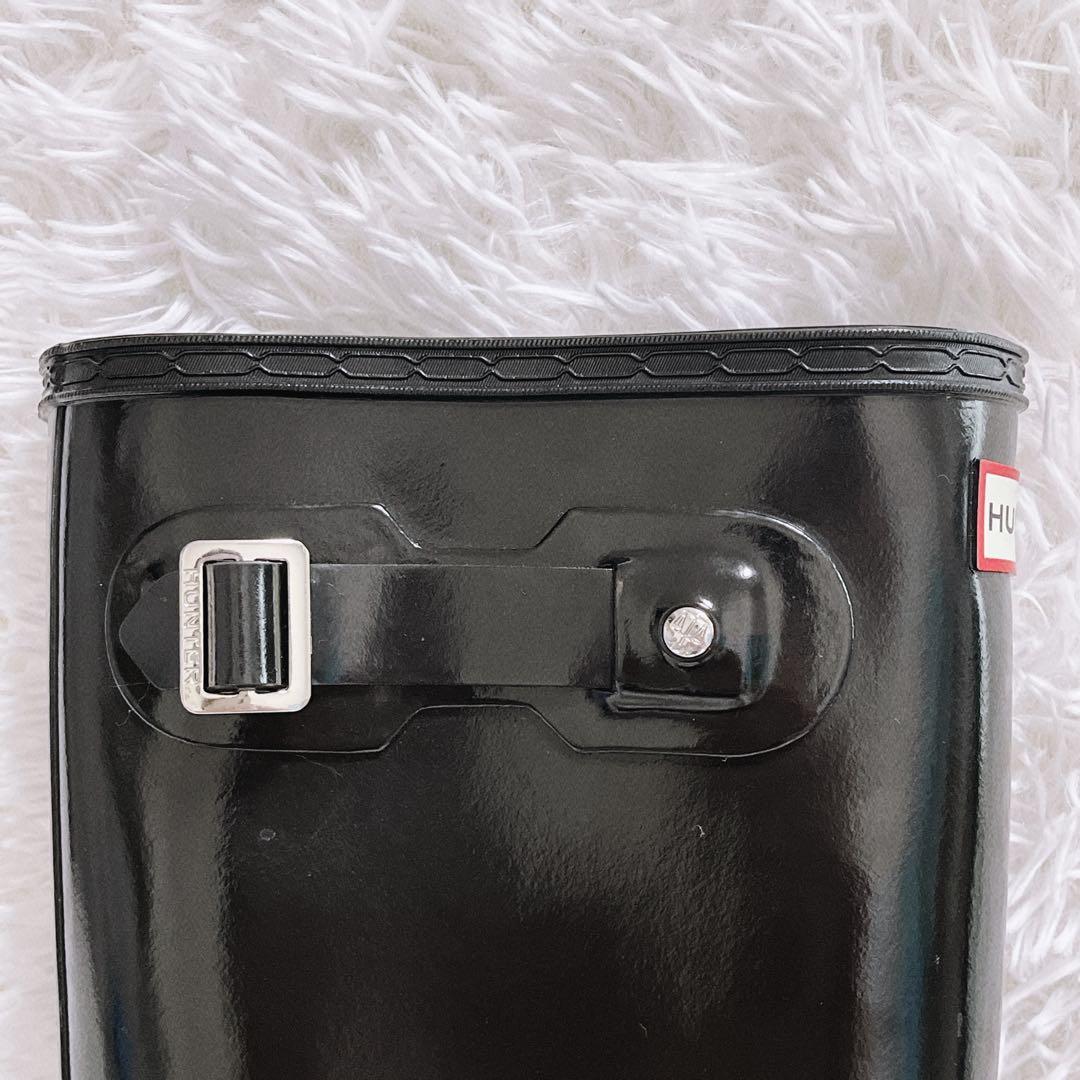 《美品》HUNTER レインブーツ トール グロス サイドベルト 24cm 黒
