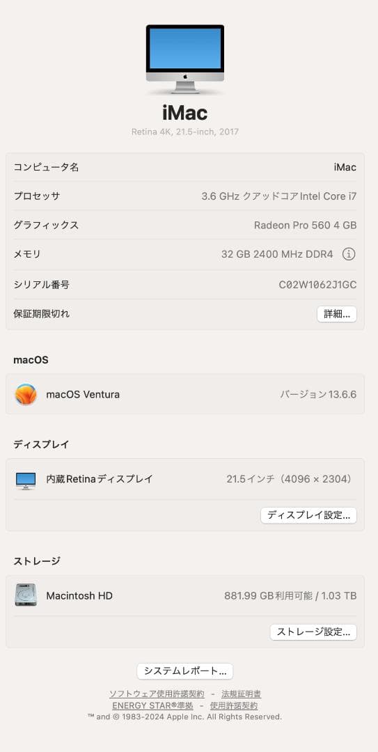 iMac 21.5 4K 2017 / i7/32GB/1TB ヒビあり
