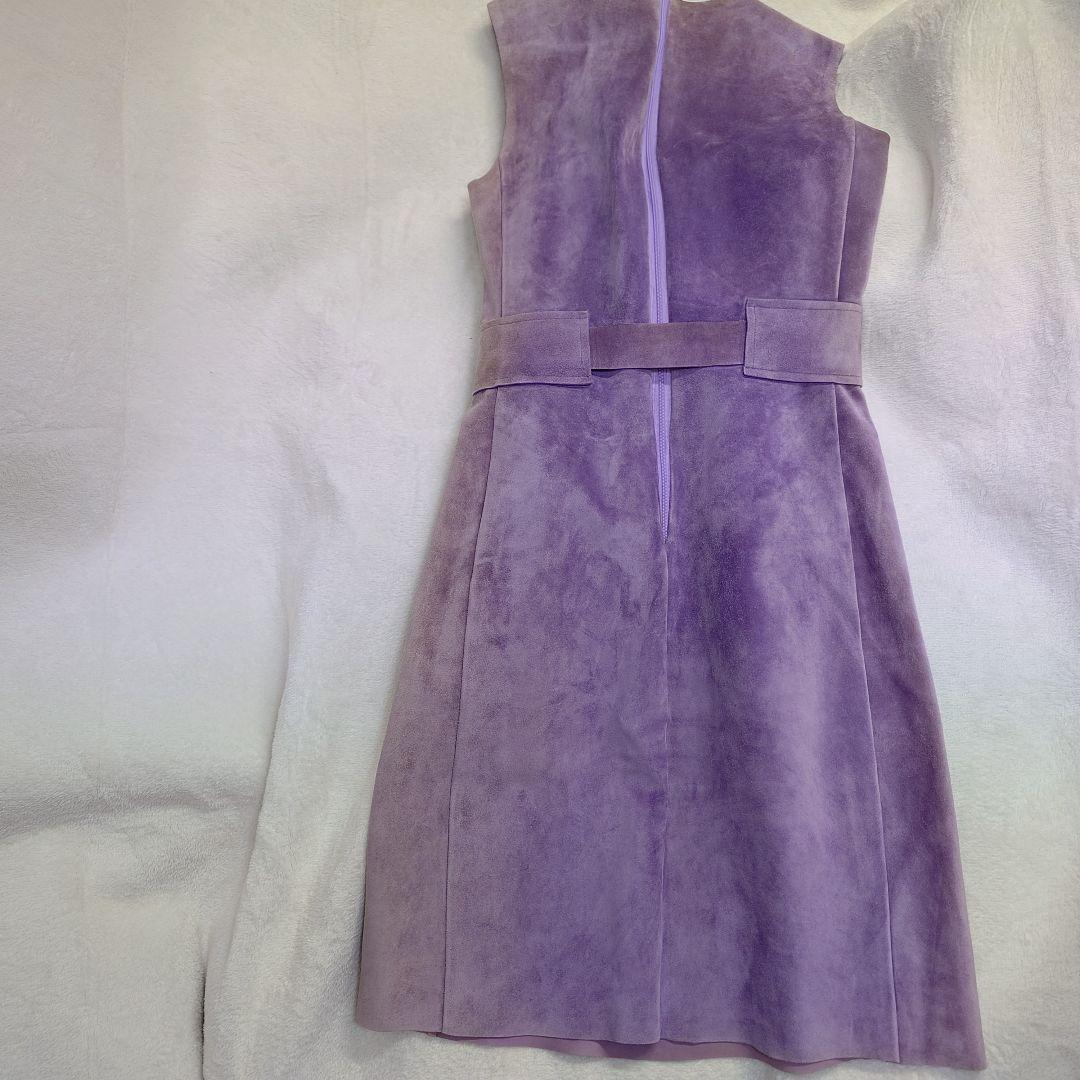 美品 希少 セリーヌ CELINE 牛革 レザー ワンピース 36 パープル 紫
