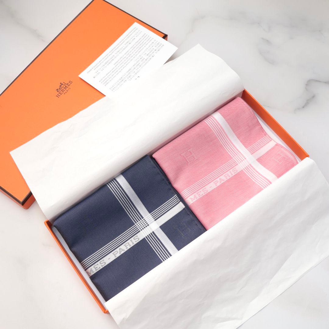 新品未使用 エルメス HERMES ハンカチ 2枚セット ネイビー ピンク