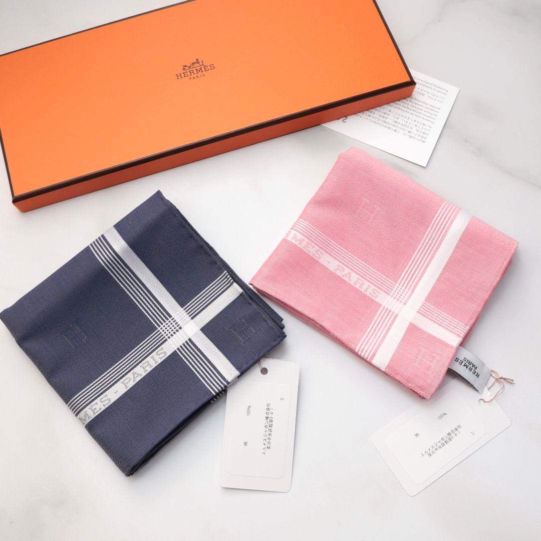 新品未使用 エルメス HERMES ハンカチ 2枚セット ネイビー ピンク