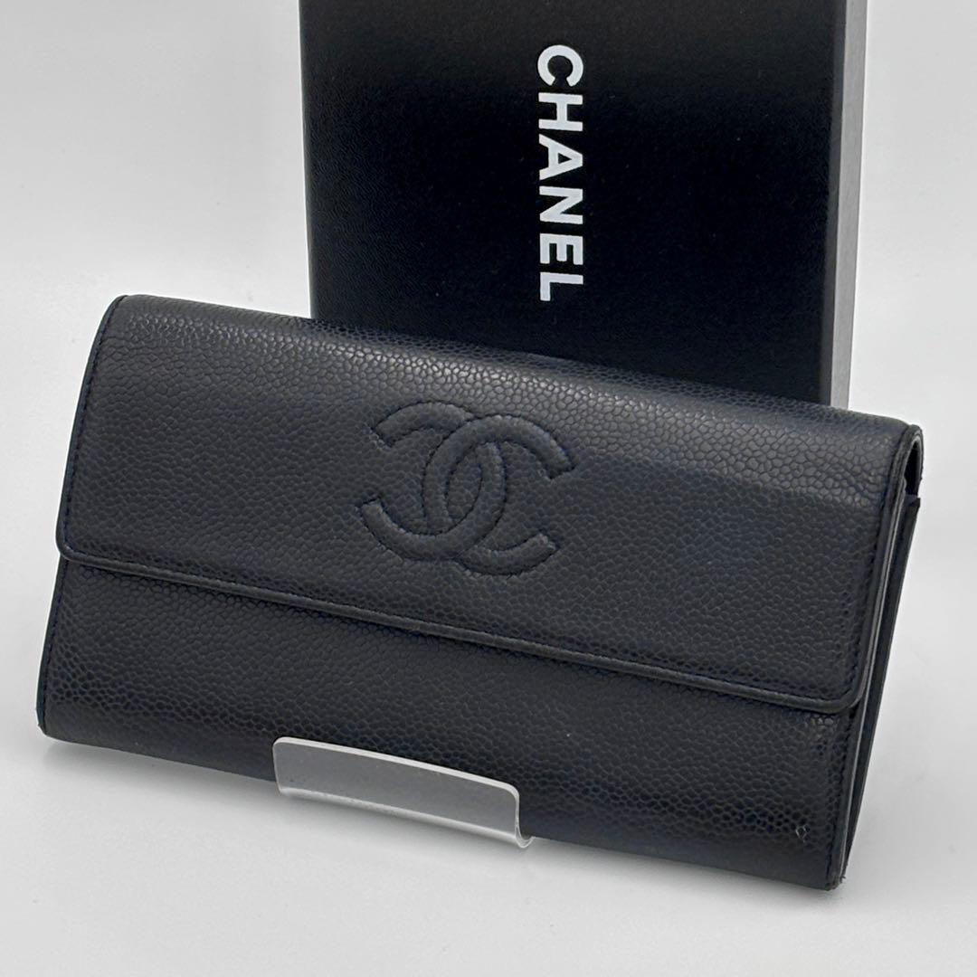 【美品】CHANEL ココマーク　キャビアスキン　ブラック 長財布