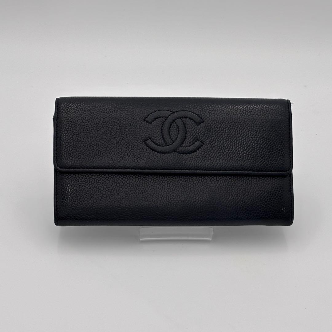 【美品】CHANEL ココマーク　キャビアスキン　ブラック 長財布