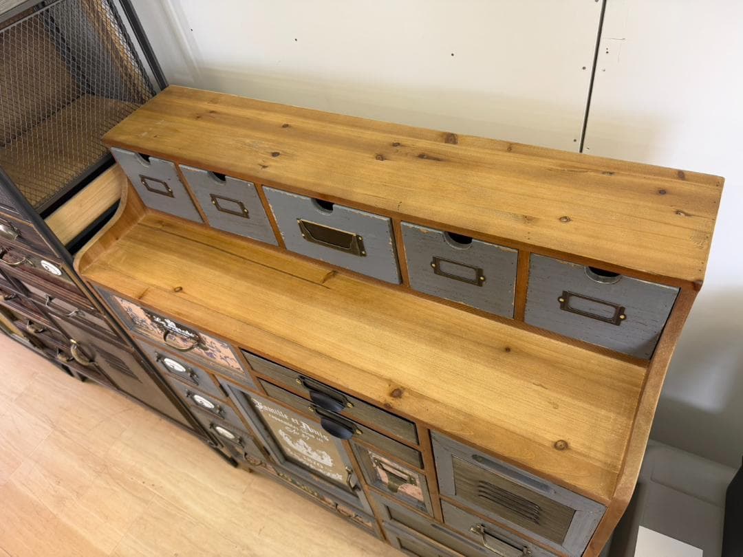天然木　スチール　キャビネット　インダストリアル　チェスト　引出　レトロ　棚