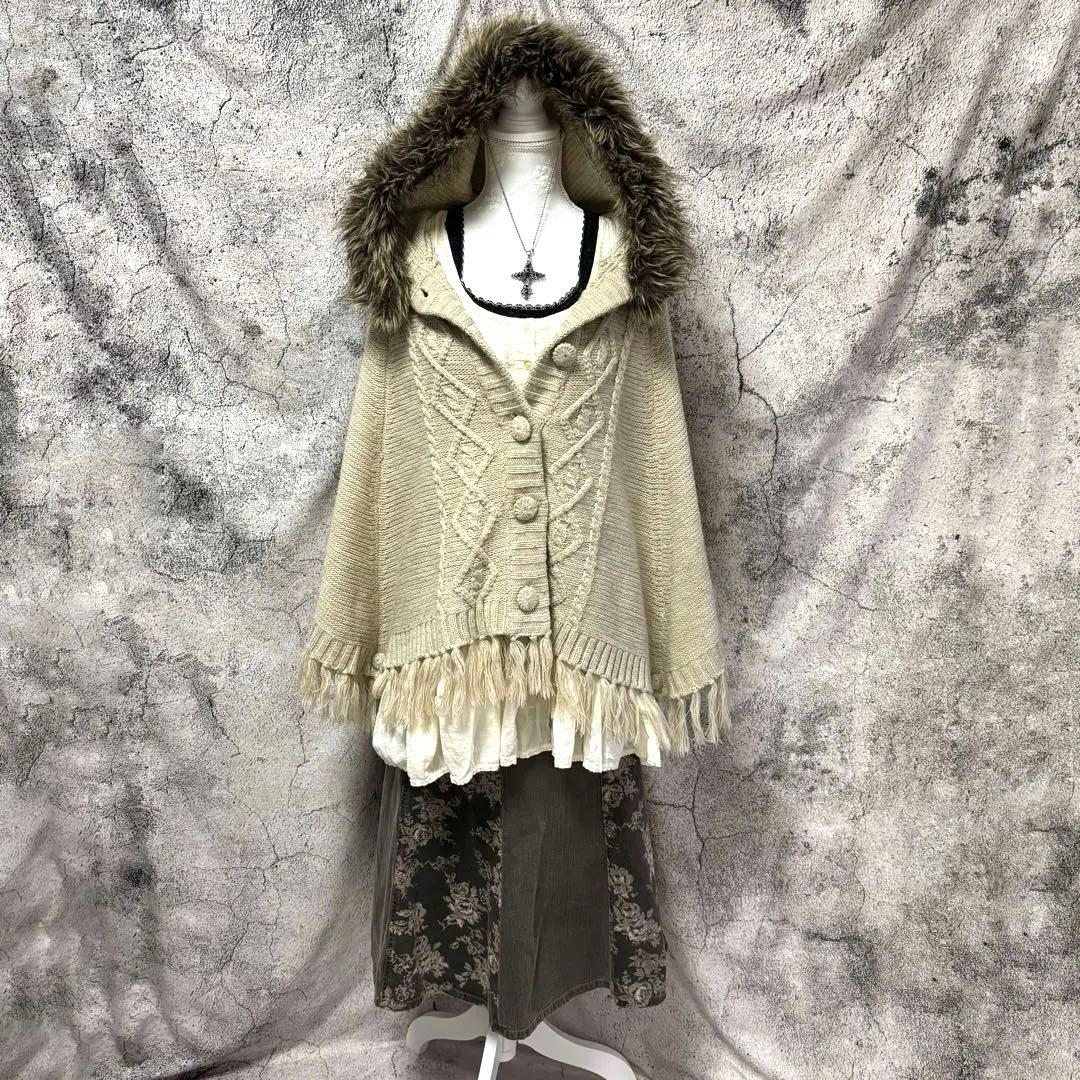 y2k 00s 森ガール　ニットポンチョ　スカート　2点セット　ファー　フリンジ