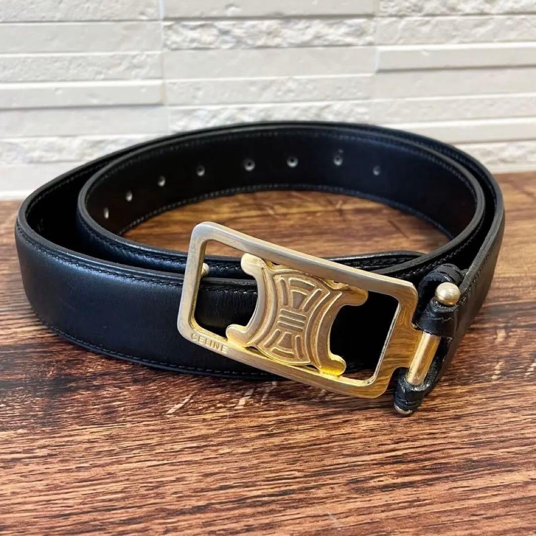良品 セリーヌ レザー トリオンフ バックル ベルト ゴールド金具 ブラック