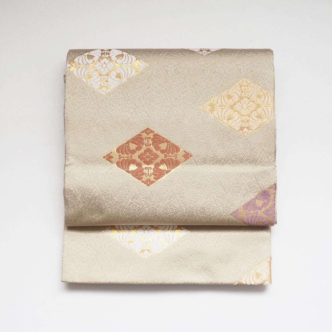 【帯】【袋帯】薄うぐいす地 菱型 吉祥文 三越扱い No.14