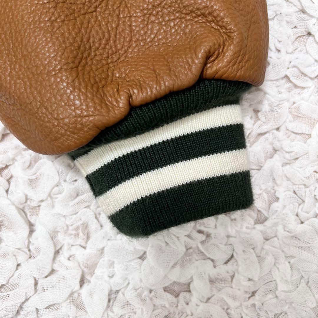 『希少サイズ』　ケボズ　スタジャン　袖レザー　牛革　バック刺繍　緑× 茶　XL