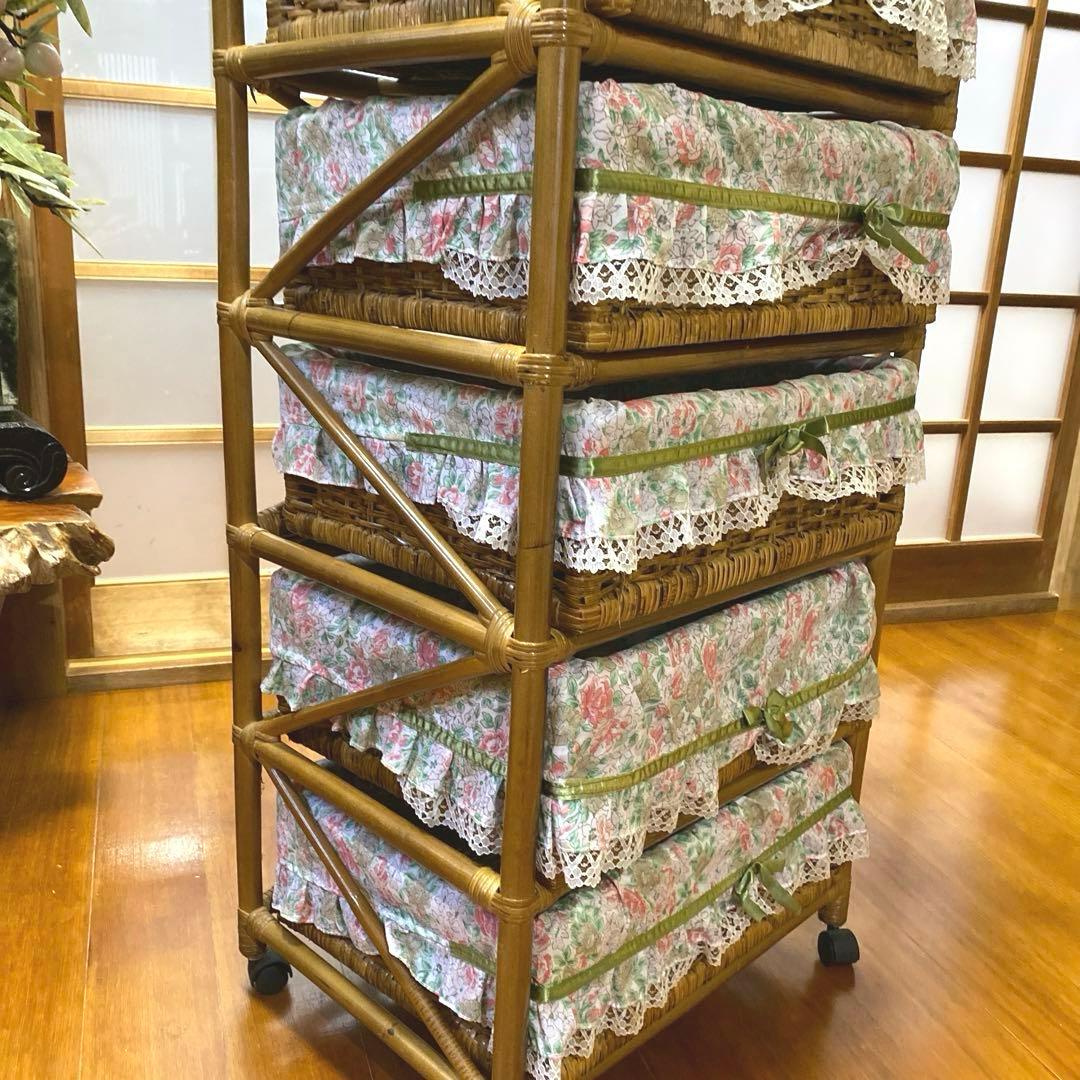 可愛いラタンチェスト5段籐家具レトロビンテージキャビネット収納キャスター付タンス