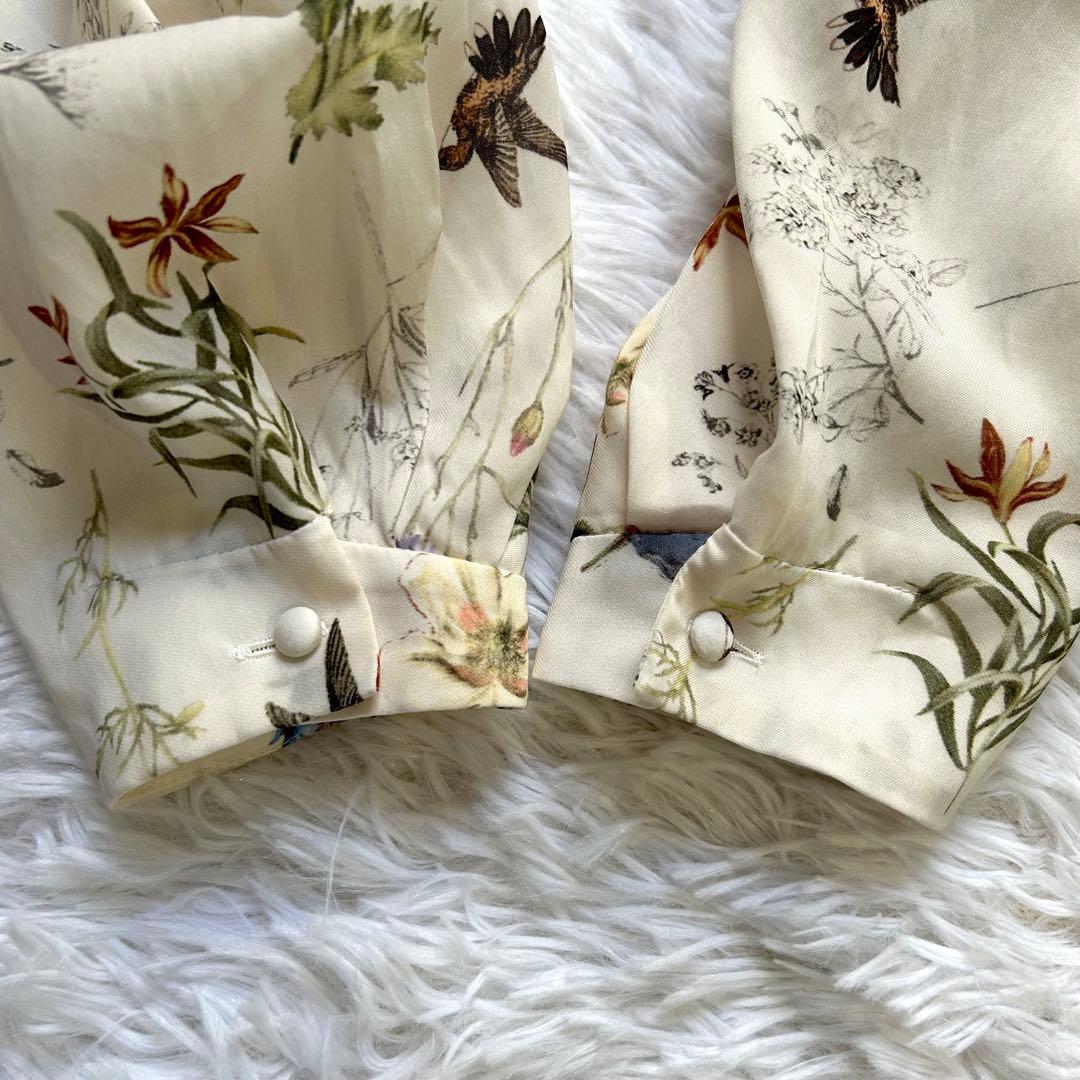 美品 トゥモローランド ボタニカルバードプリント ハイネック ギャザー ブラウス