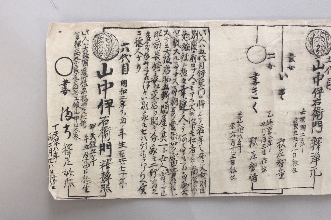 No4446 古文書　山中家　家系図　抱き柊紋　手書き　紙本　巻子装　送料無料