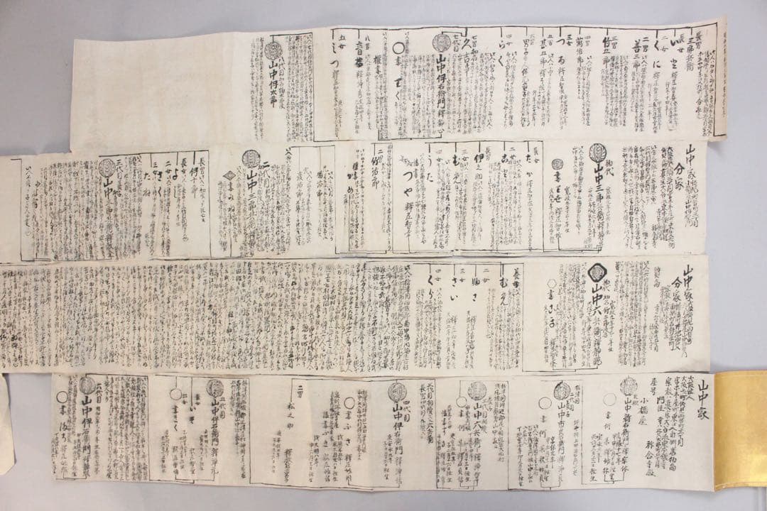 No4446 古文書　山中家　家系図　抱き柊紋　手書き　紙本　巻子装　送料無料