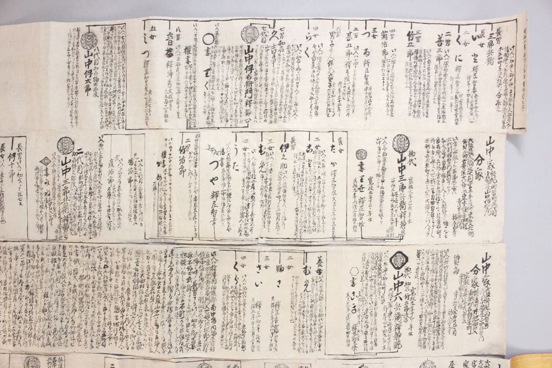No4446 古文書　山中家　家系図　抱き柊紋　手書き　紙本　巻子装　送料無料