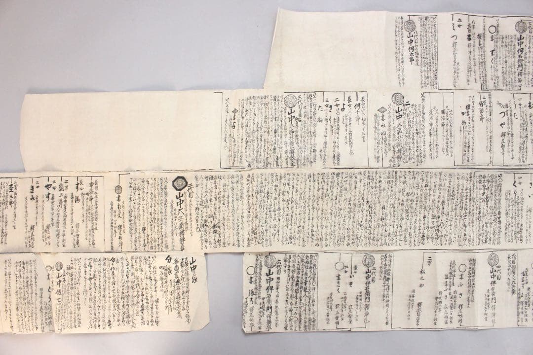 No4446 古文書　山中家　家系図　抱き柊紋　手書き　紙本　巻子装　送料無料