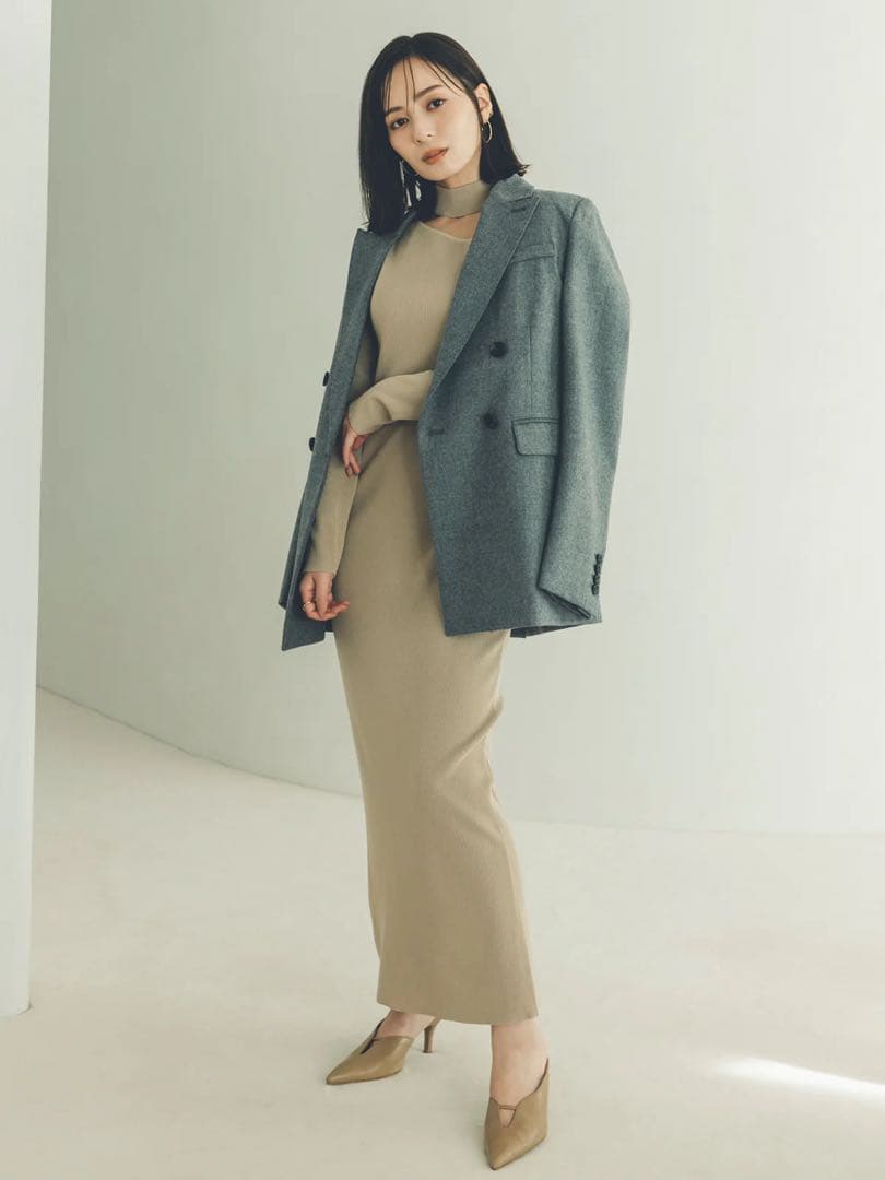 完売♡anuans デザインネックナローニットワンピース BEG S