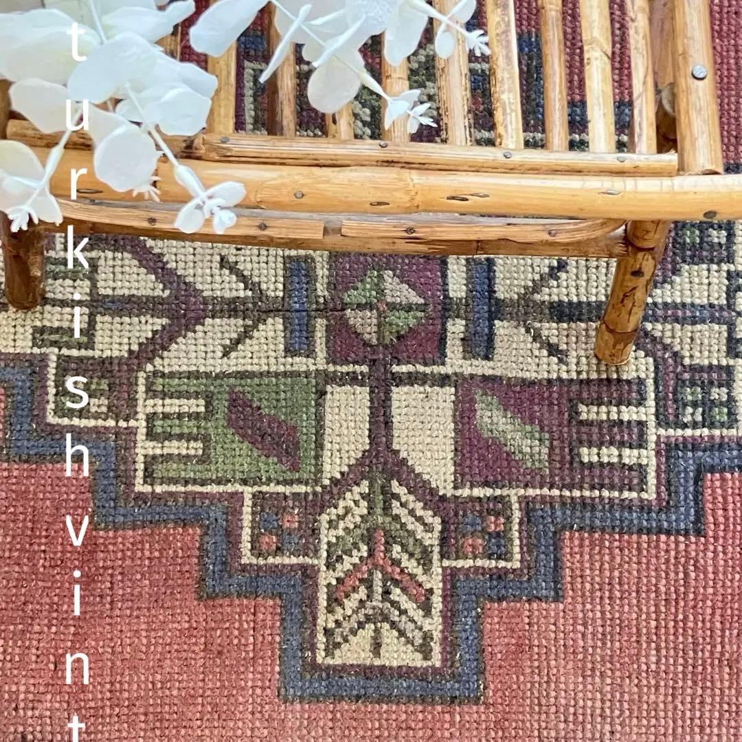 大きめ63×119上質くすみ大人ピンク　グレーメダリオン　トルコヴィンテージラグ