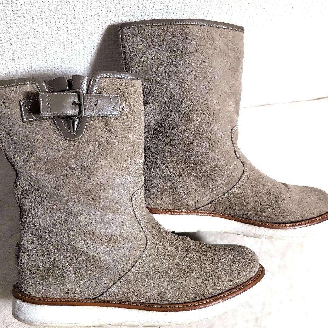 eo17 GUCCI スエード GG ブーツ ベージュ バックル付き 38.5