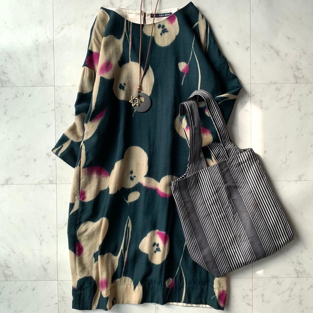 美品 パラスパレス 花柄ワンピース ウールワンピース ダークグリーン 日本製