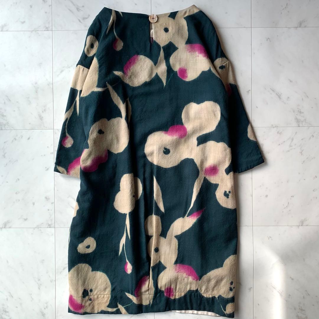 美品 パラスパレス 花柄ワンピース ウールワンピース ダークグリーン 日本製