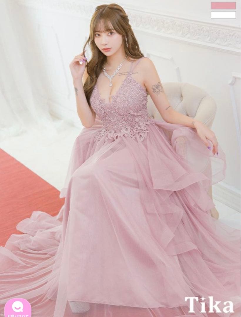 Tika ピンク レース装飾 ロングドレス S