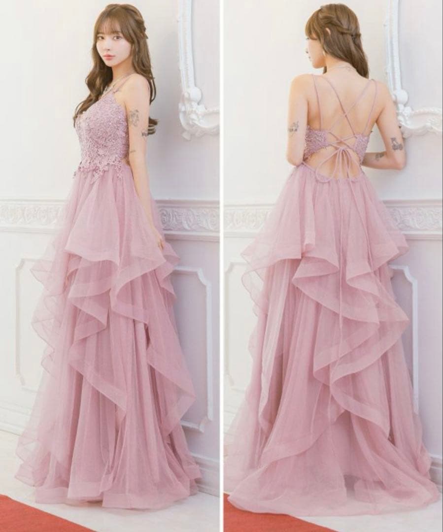 Tika ピンク レース装飾 ロングドレス S