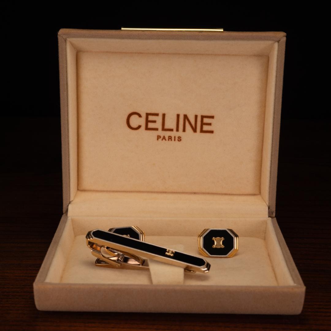 箱有 CELINE セリーヌ オニキス×マカダム柄 ネクタイピン カフスセット