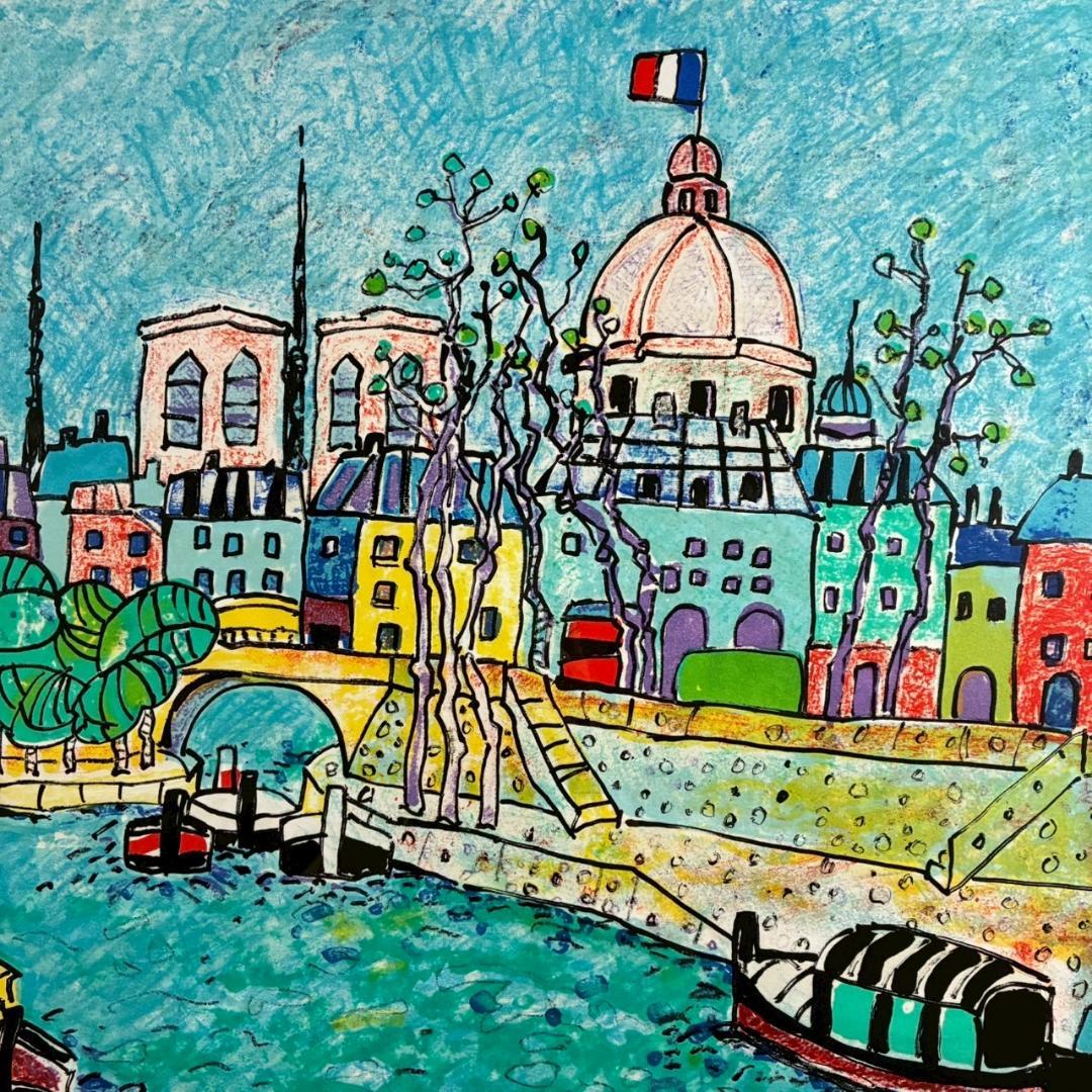 美品 ポール・アイズピリ「ポンヌフ」リトグラフ 直筆サイン入 額縁入 フランス