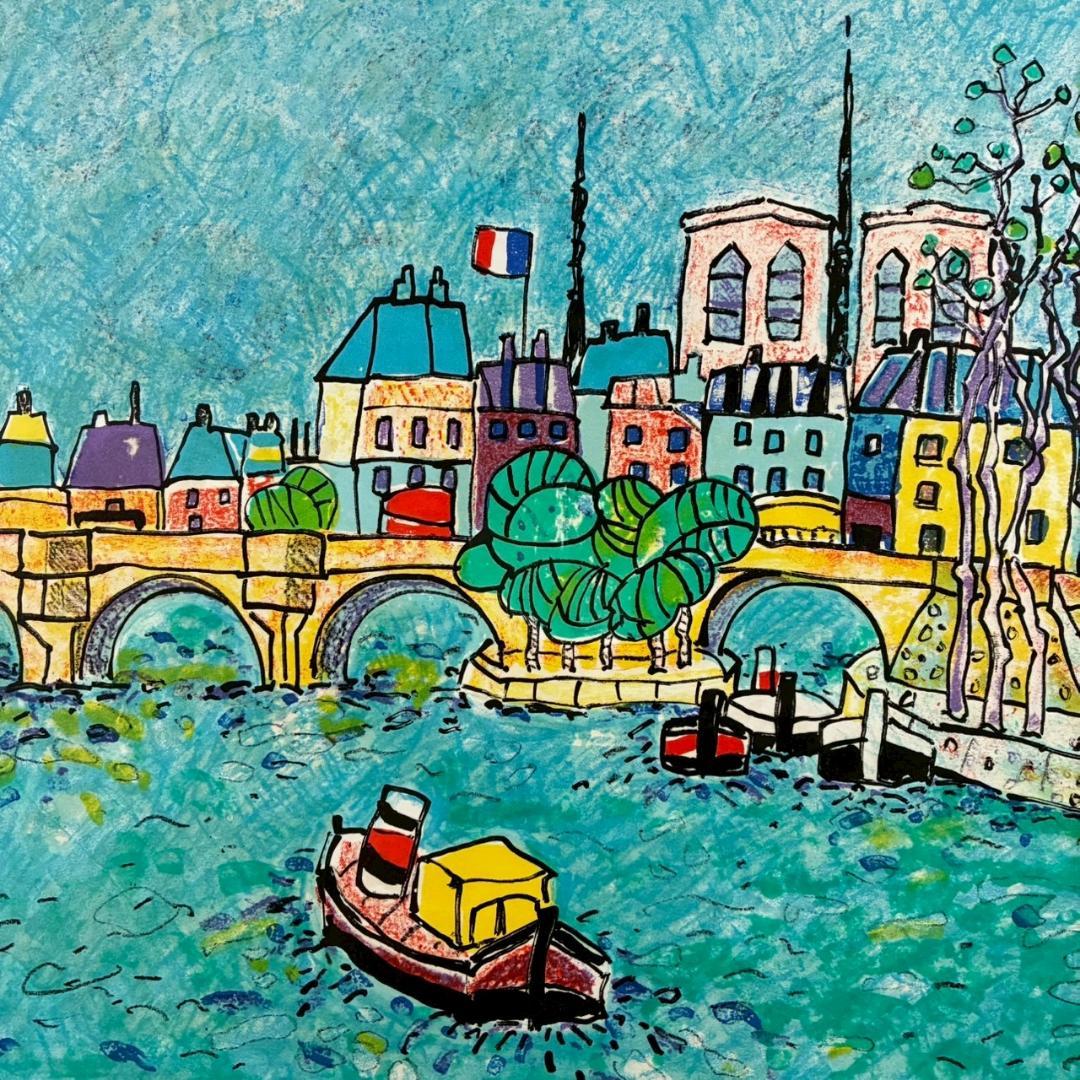 美品 ポール・アイズピリ「ポンヌフ」リトグラフ 直筆サイン入 額縁入 フランス