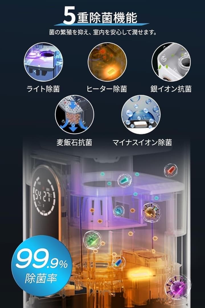 加湿器 大容量 9L 5重除菌浄化 空気清浄 省エネ スタイリッシュ 感染病対策