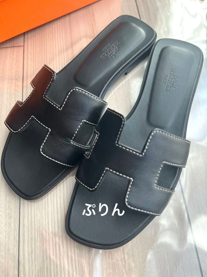 HERMES エルメス オラン ブラック サンダル レディース 37サイズ