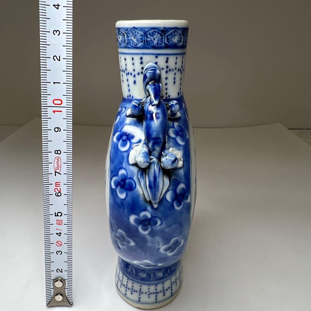 中国清時代　康熙年製　青花龍耳花入　木箱付　高約13.5㎝東Y7-1226☆2F