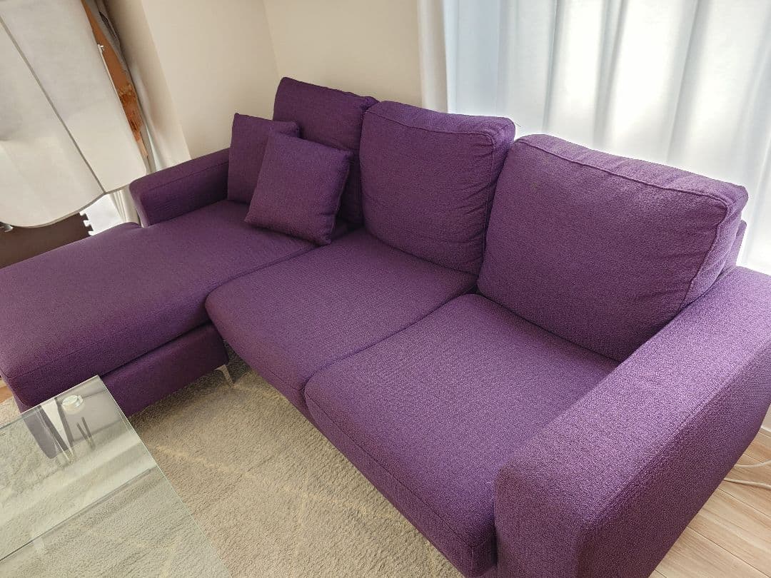 パープル L字型ソファ 付属クッション付き