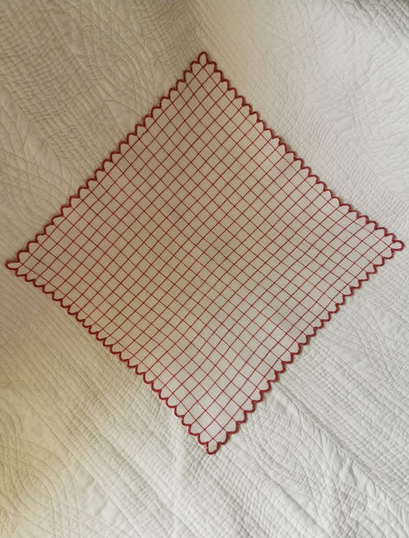 アンティーク フランス グラフチェック＆花弁スカラップリム刺繍 リネンクロス β