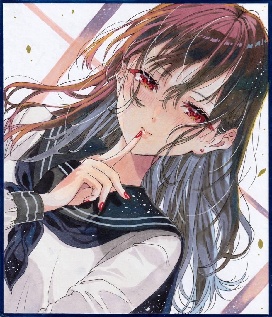 夜*様 アナログイラスト 手描きイラスト 色紙 レッドブラック