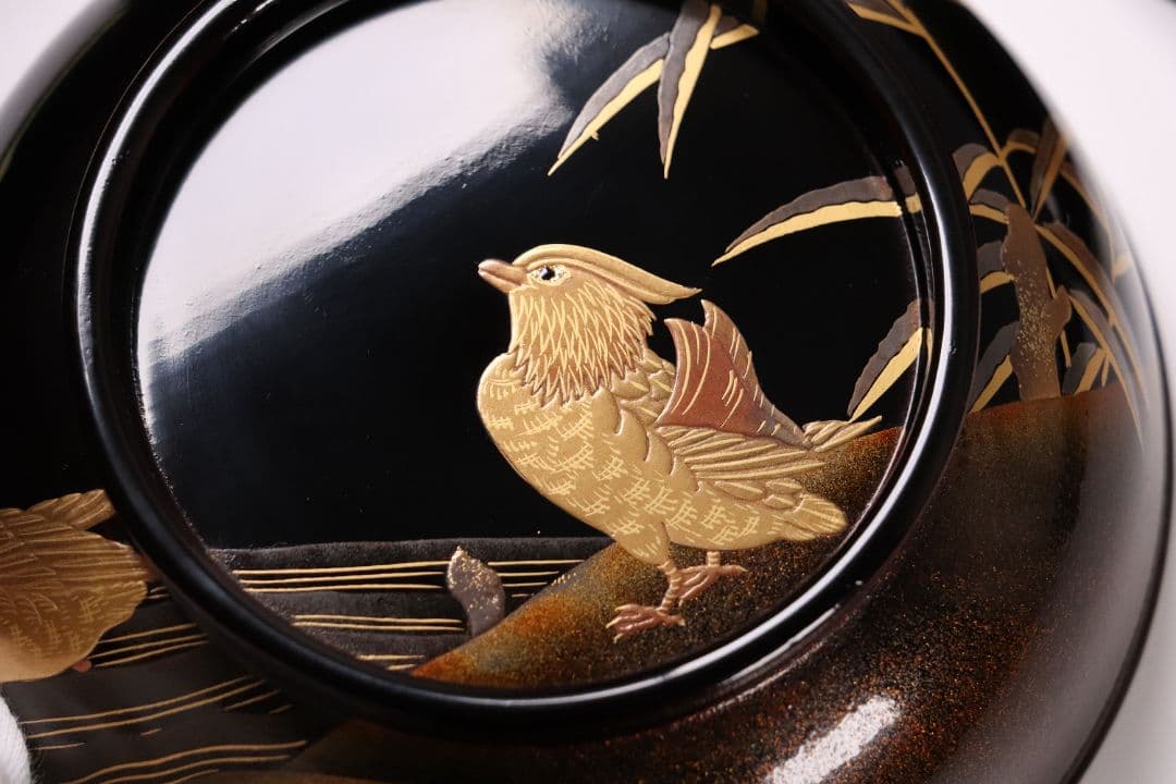 CL85 能登輪島塗 鴛鴦金蒔絵 見返梅 黒塗椀 二客 天然木 梨地 研出 花鳥