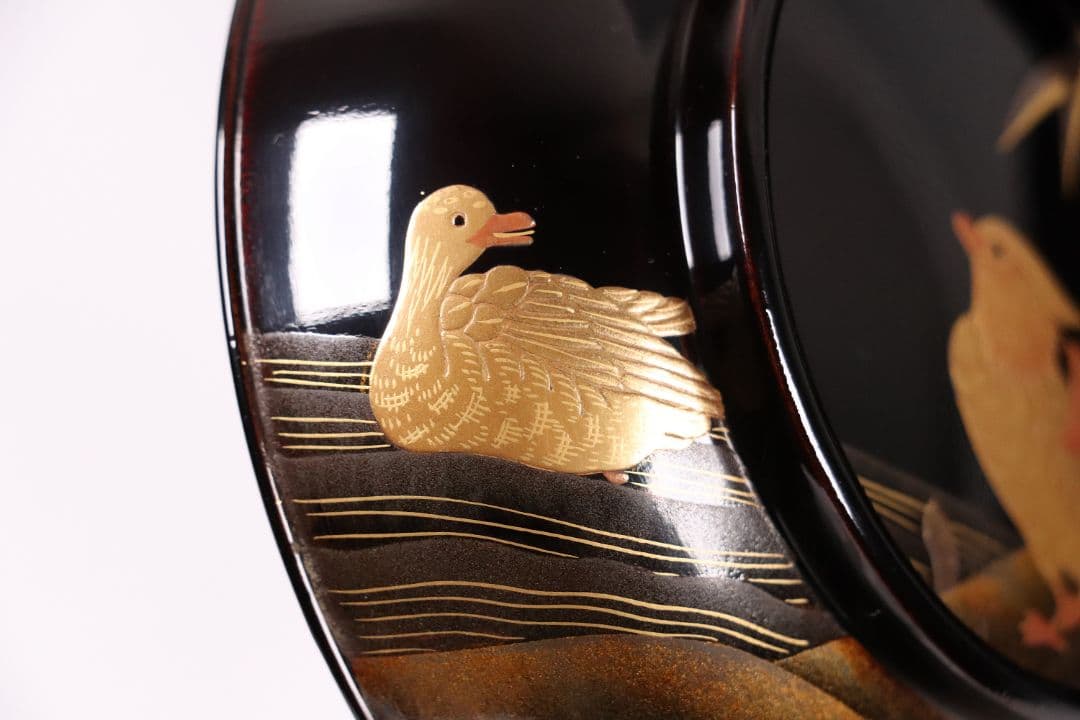 CL85 能登輪島塗 鴛鴦金蒔絵 見返梅 黒塗椀 二客 天然木 梨地 研出 花鳥