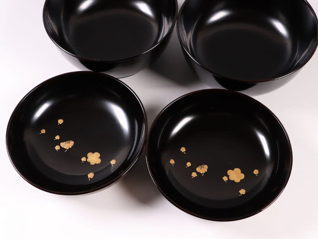 CL85 能登輪島塗 鴛鴦金蒔絵 見返梅 黒塗椀 二客 天然木 梨地 研出 花鳥