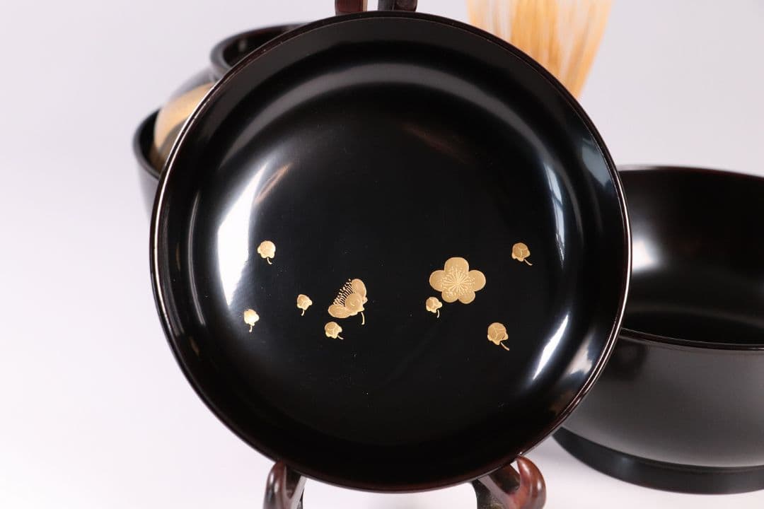 CL85 能登輪島塗 鴛鴦金蒔絵 見返梅 黒塗椀 二客 天然木 梨地 研出 花鳥