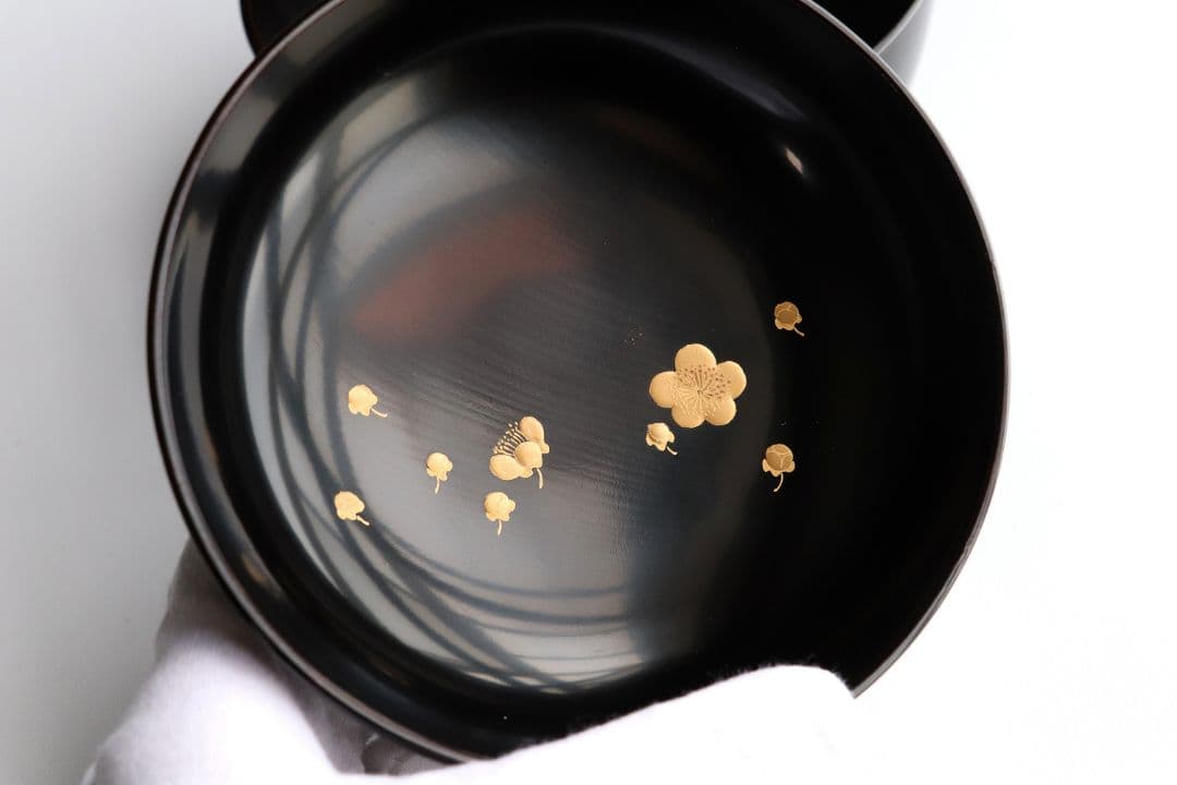 CL85 能登輪島塗 鴛鴦金蒔絵 見返梅 黒塗椀 二客 天然木 梨地 研出 花鳥