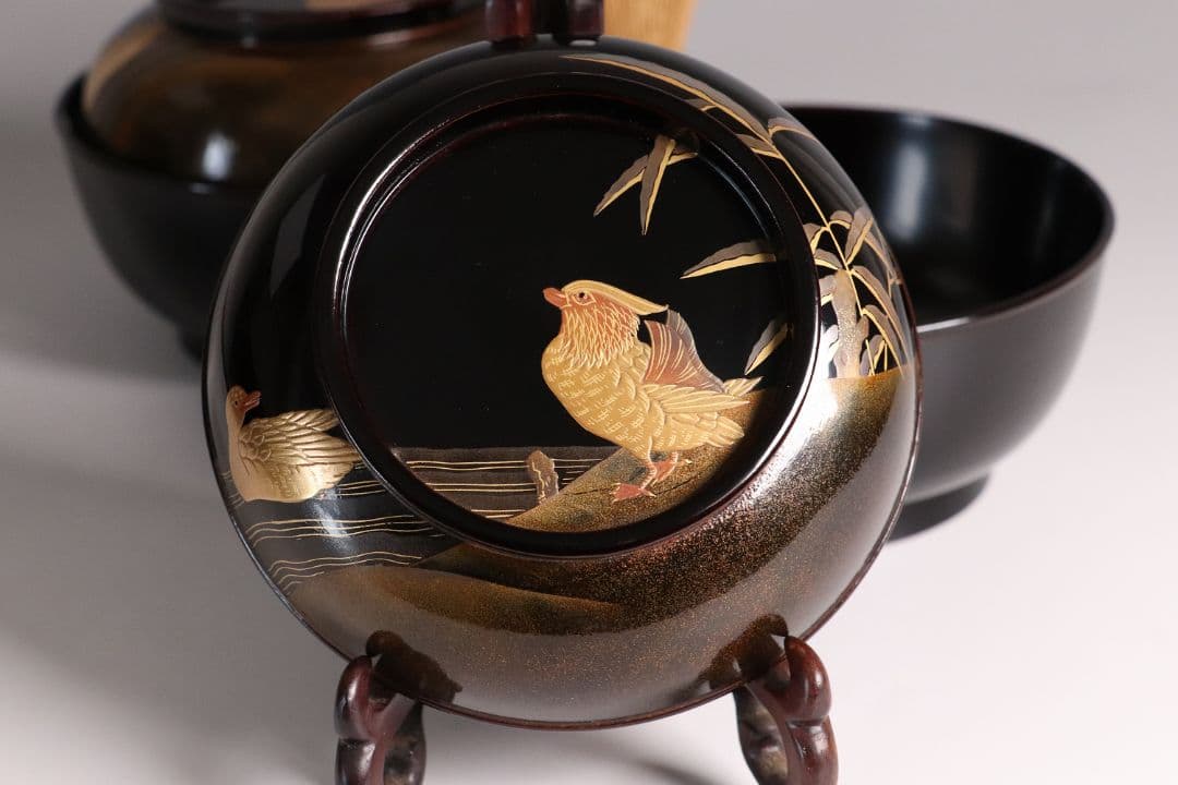 CL85 能登輪島塗 鴛鴦金蒔絵 見返梅 黒塗椀 二客 天然木 梨地 研出 花鳥