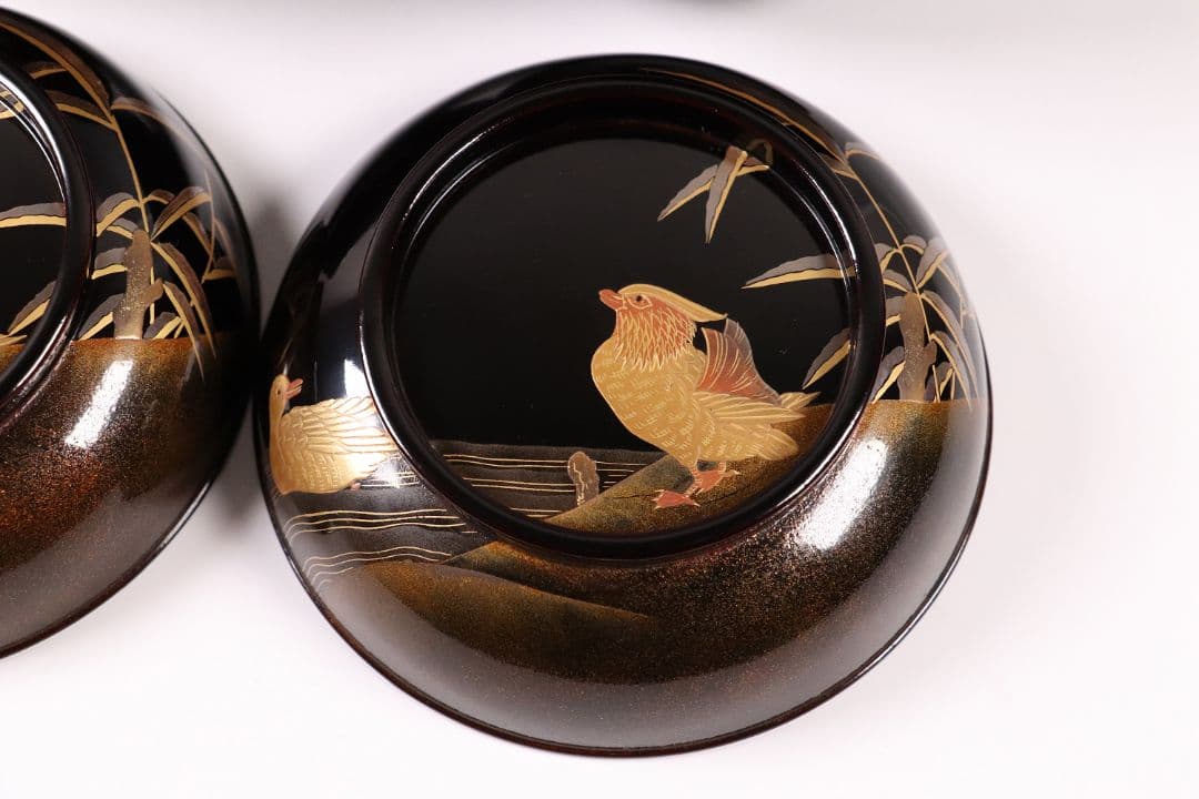 CL85 能登輪島塗 鴛鴦金蒔絵 見返梅 黒塗椀 二客 天然木 梨地 研出 花鳥